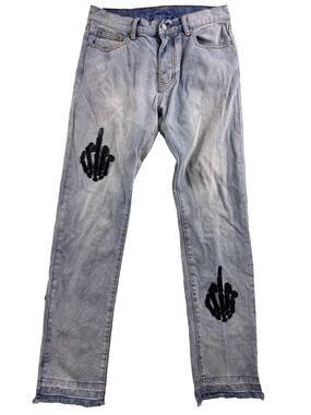 MNML Skeleton Denim Jeans Light Wash Embroidered Skeleton Hands Middle Finger 30